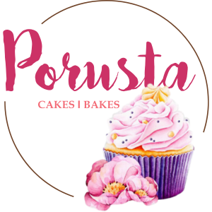 Logo for Porusta Cakes & Bakes with a cupcake and flower on a white background